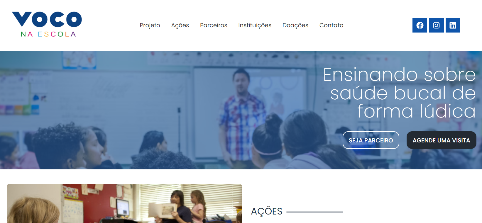 Página inicial do website Voco na Escola