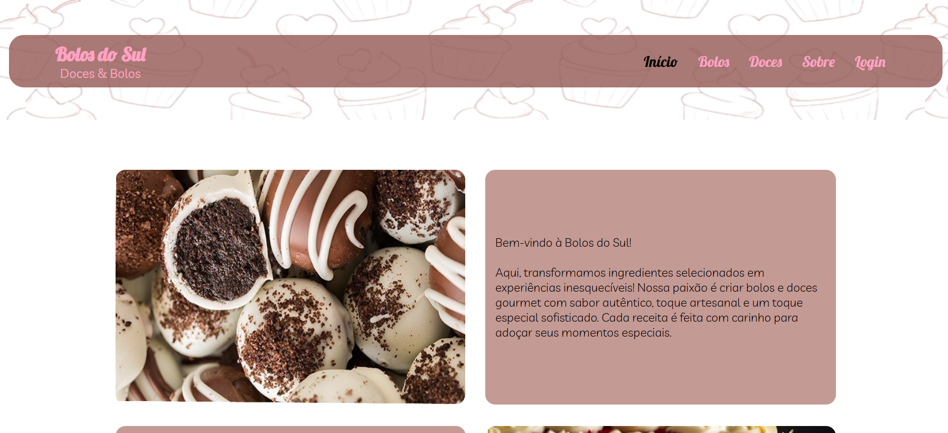 Página inicial de um website de confeitaria